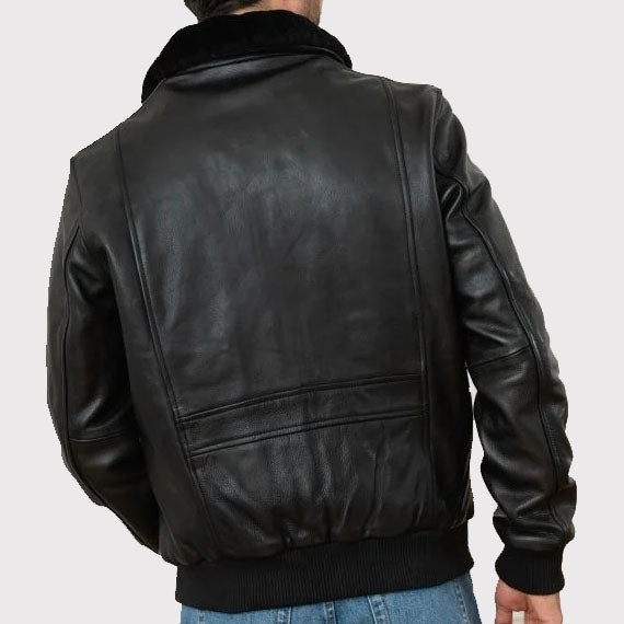 Classic Black Cowhide Leather Bomber Jacket