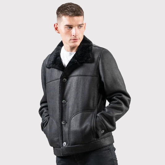 Men's Classic Black Sheepskin Jacket - Sheepskin Coat