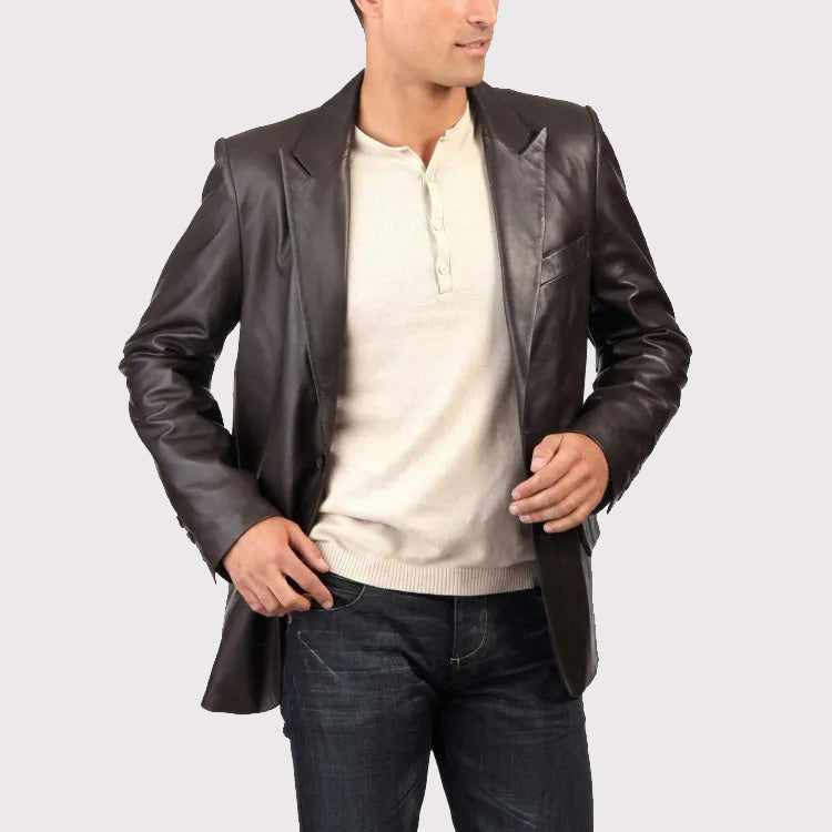 Classic Black Casual Leather Blazer Coat