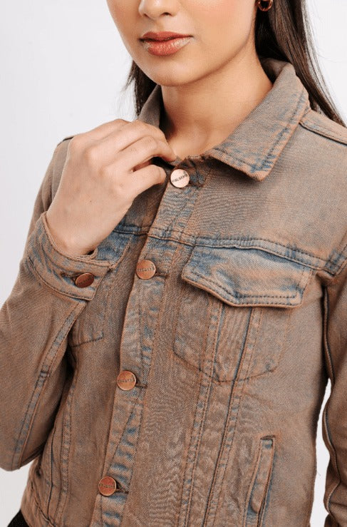 Women’s Distressed Denim Trucker Jacket - Brown Casual Style