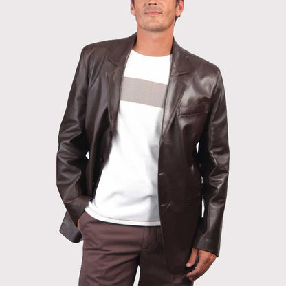 Dark Brown Leather Blazer in Coat Style