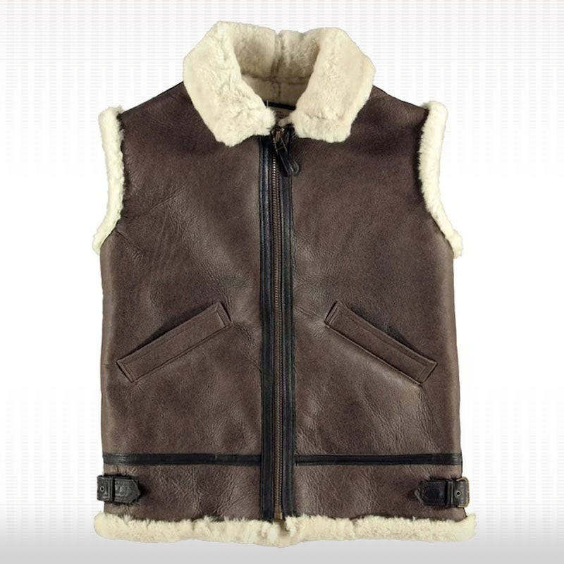 Best-Selling Brown Leather Shearling Vest - Military Style