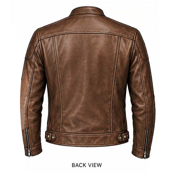 Dark brown cafe racer leather jacket featuring four outside pockets