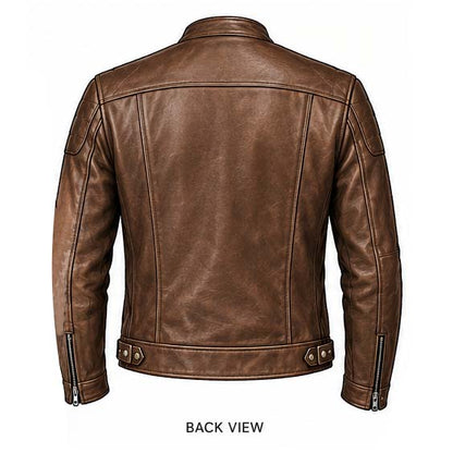 Dark brown cafe racer leather jacket featuring four outside pockets
