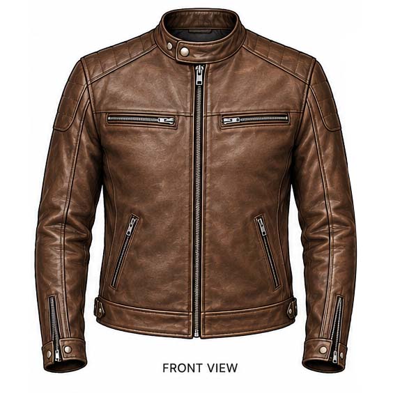 Custom dark brown cowhide leather cafe racer jacket with rounded snap collar