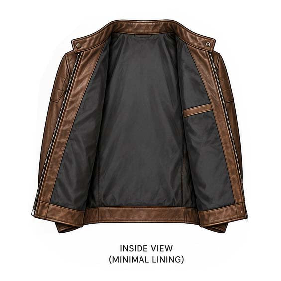 Custom cafe racer jacket with side waist adjustment tabs in dark brown leather