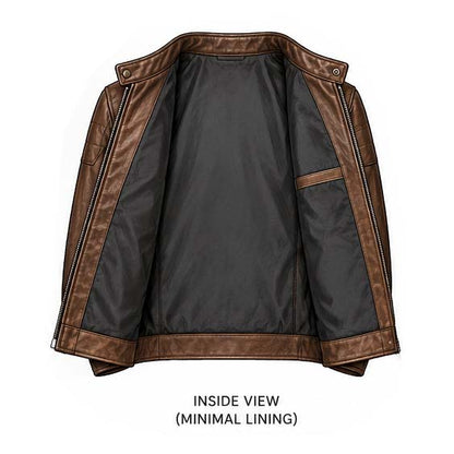 Custom cafe racer jacket with side waist adjustment tabs in dark brown leather