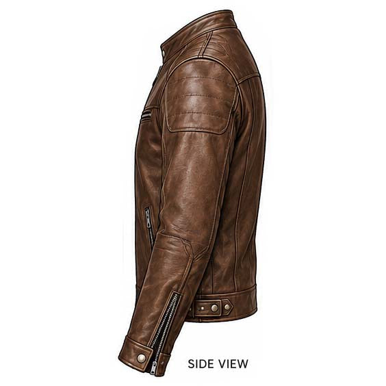 Cowhide motorcycle jacket with zippered cuffs and adjustable snap tabs