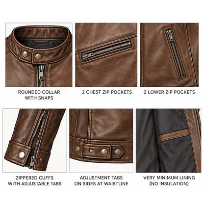 Dark brown cowhide leather jacket with minimal lining and classic cafe racer styling