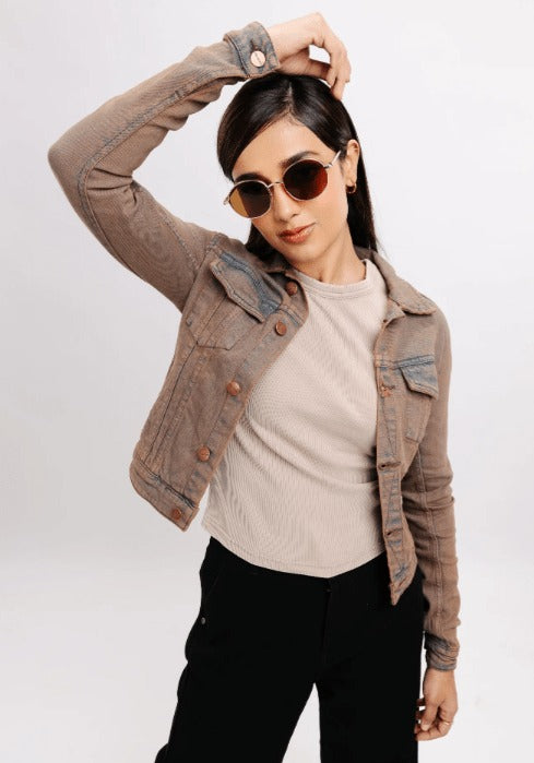 Women’s Distressed Denim Trucker Jacket - Brown Casual Style