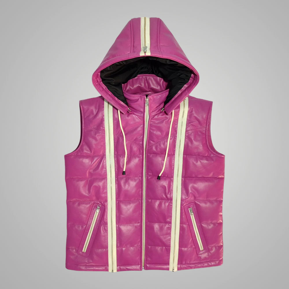 Custom Pink Leather Puffer Jacket with Detachable Hood