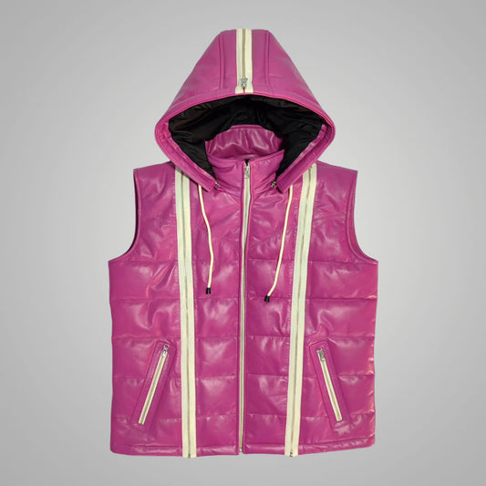 Custom Pink Leather Puffer Jacket with Detachable Hood