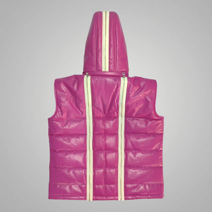 Custom Pink Leather Puffer Jacket with Detachable Hood