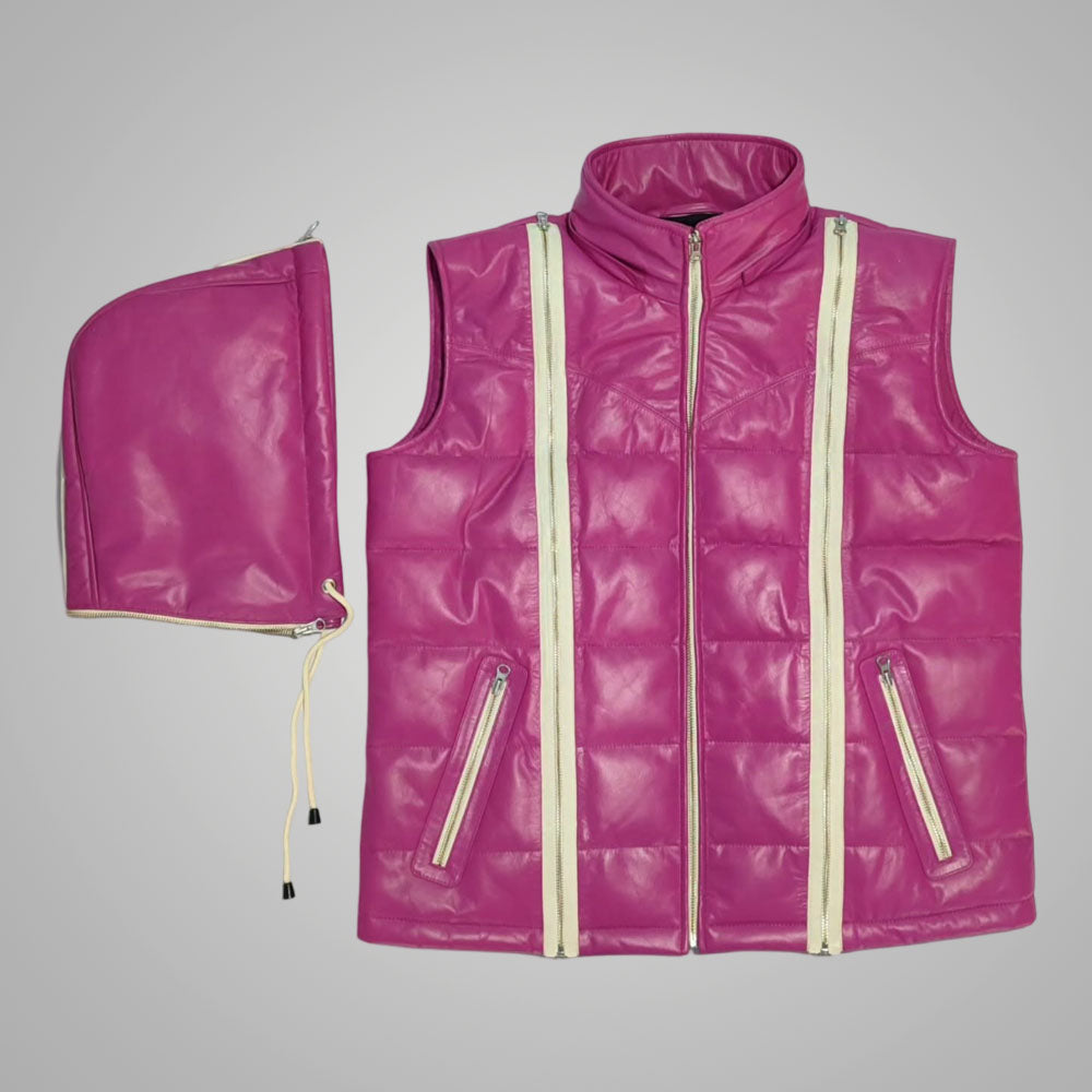 Custom Pink Leather Puffer Jacket with Detachable Hood