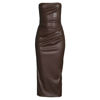 Dark Brown Minimal Tube Leather Dress - Fall Edition