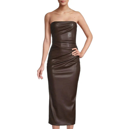 Dark Brown Tube Leather Dress - Fall Fashion