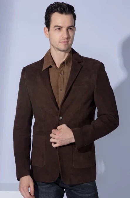 Dark Brown Suede Leather Blazer for Men