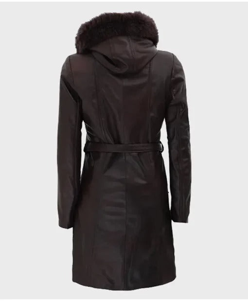 Dark Brown Women’s Fur Hooded Leather Coat