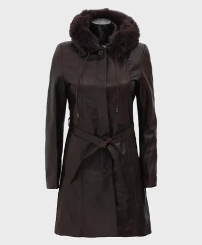 Dark Brown Women’s Fur Hooded Leather Coat