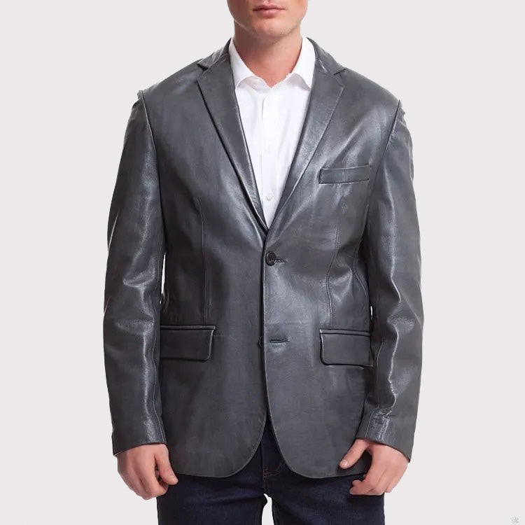 Dark Gray Leather Sports Blazer Coat