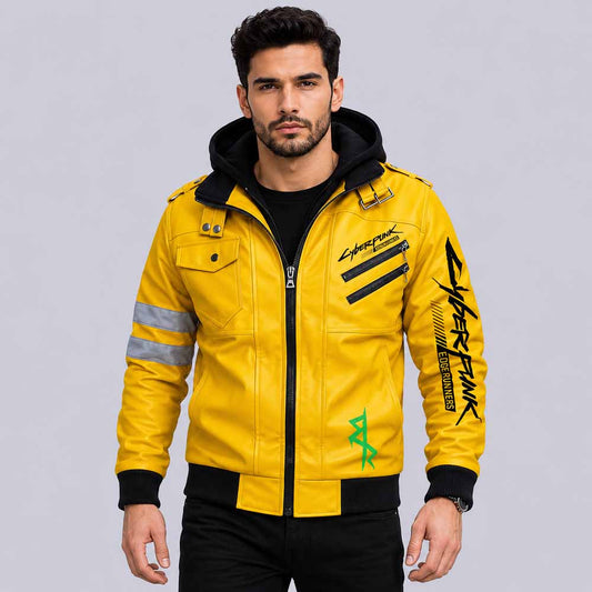 David Martinez Cyberpunk Edgerunners yellow genuine leather jacket with hood