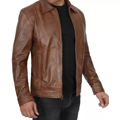 Men's Genuine Distressed Brown Cafe Racer Leather Jacket