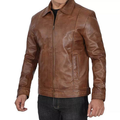 Men's Genuine Distressed Brown Cafe Racer Leather Jacket