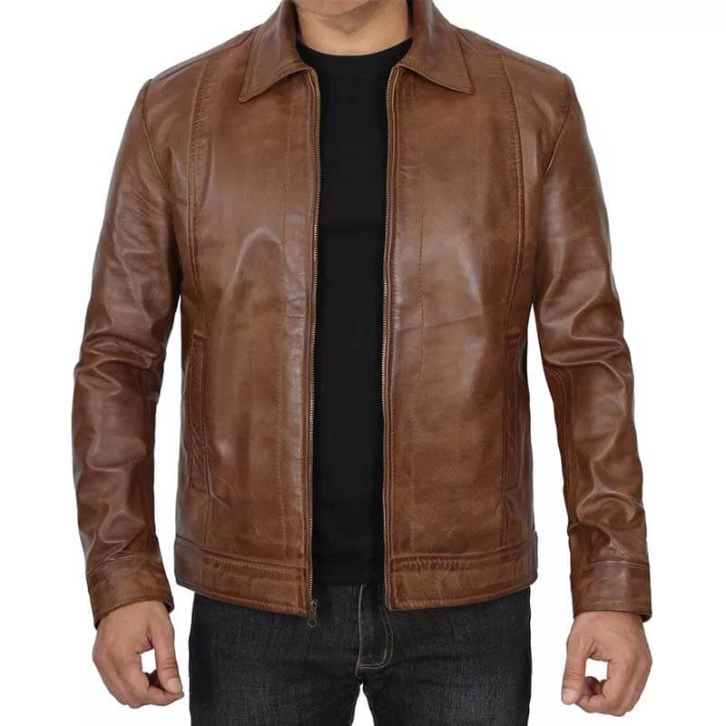 Men's Genuine Distressed Brown Cafe Racer Leather Jacket