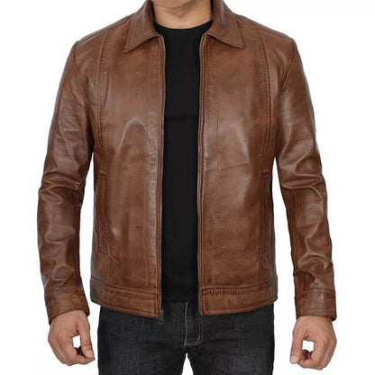 Men's Genuine Distressed Brown Cafe Racer Leather Jacket