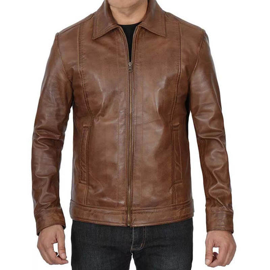 Distressed Brown Cafe Racer Leather Jacket