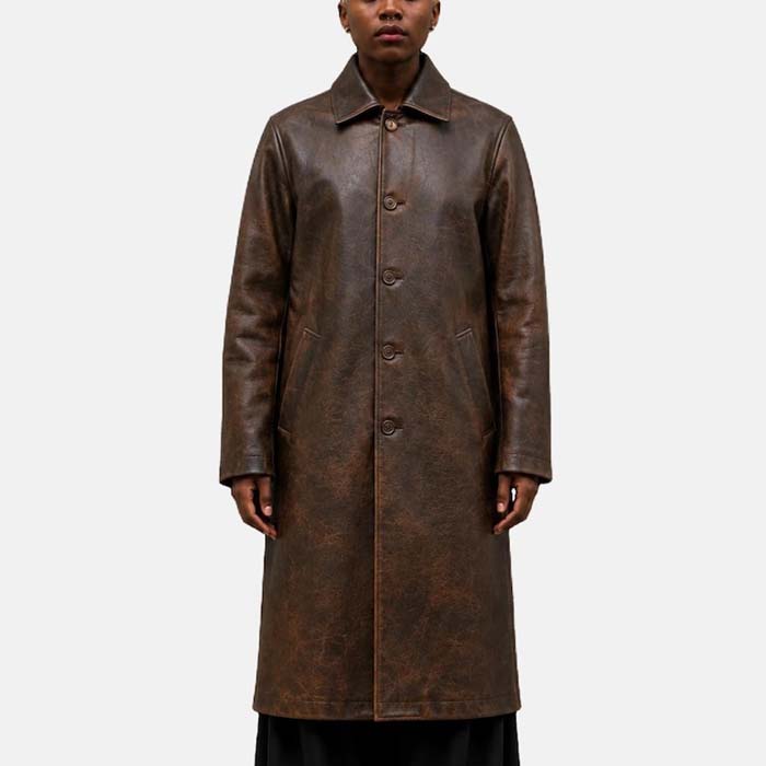 genuine sheep leather distressed brown overcoat