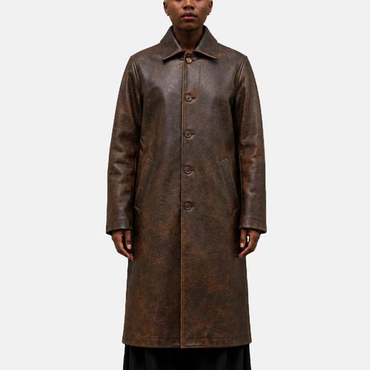 genuine sheep leather distressed brown overcoat