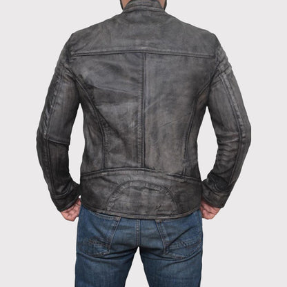 Distressed Dark Grey Slim Lamb Leather Biker Jacket