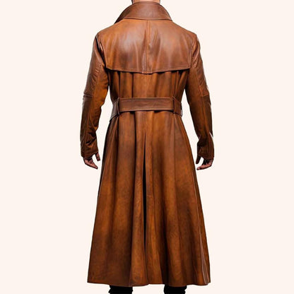 Men’s Distressed Peanut Brown Genuine Sheepskin Duster Coat