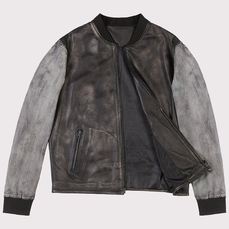 Distressed Varsity Style Leather Baseball Jacket