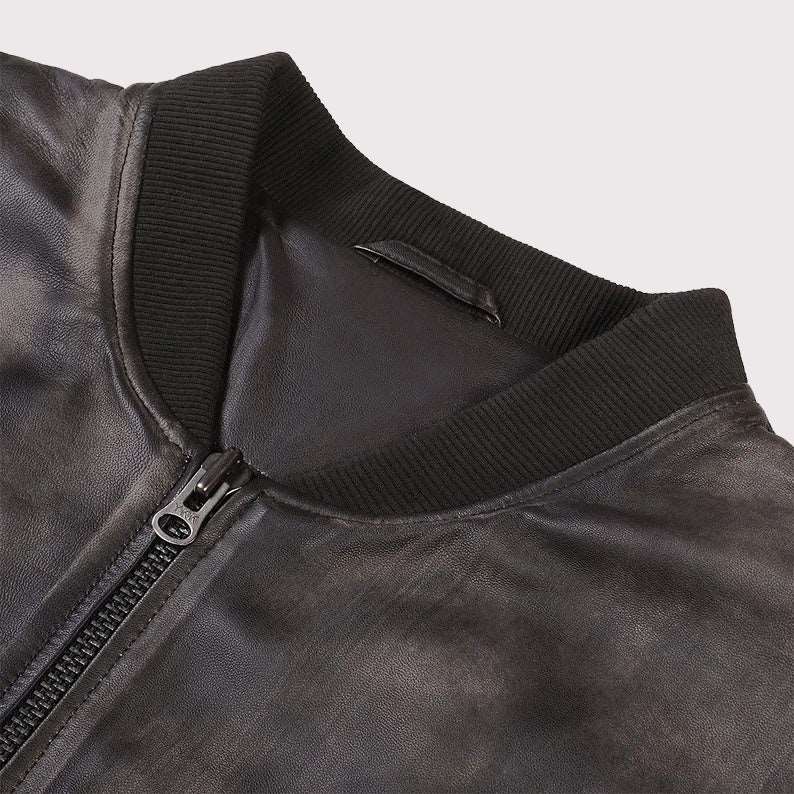 Distressed Varsity Style Leather Baseball Jacket