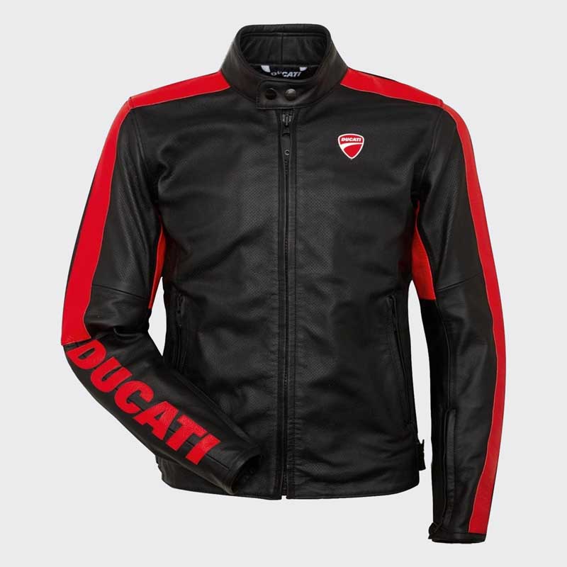 Front view of Ducati Company C4 CE Certified Cowhide Leather Urban Motorcycle Jacket showing chest patch and Pro Armor shoulder protectors with red Ducati accent detailing by Jackets Kingdom