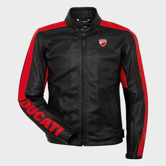 Front view of Ducati Company C4 CE Certified Cowhide Leather Urban Motorcycle Jacket showing chest patch and Pro Armor shoulder protectors with red Ducati accent detailing by Jackets Kingdom