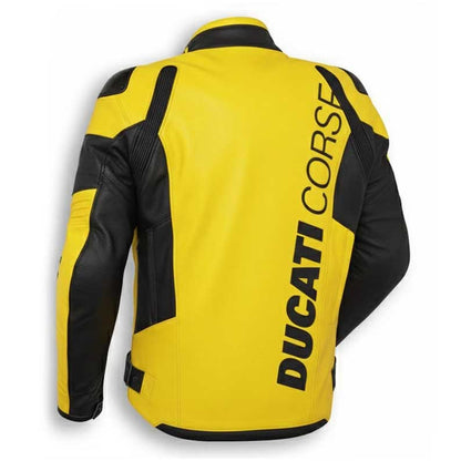 Yellow Ducati Corse C6 leather biker jacket showing CE approved shoulder and elbow protection by Jackets Kingdom