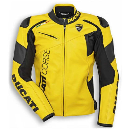 Ducati Corse C6 yellow genuine leather motorcycle racing jacket front view with CE armor by Jackets Kingdom