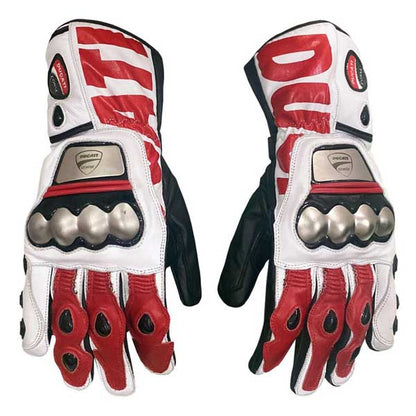 Ducati Corse style hard knuckle leather motorcycle gloves in red white and black colorway by Jackets Kingdom