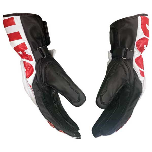 Ducati Corse style hard knuckle leather motorcycle gloves in red white and black colorway by Jackets Kingdom