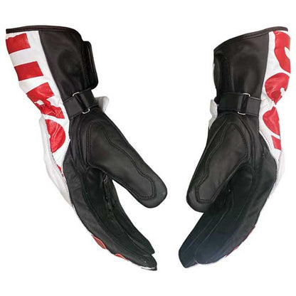 Ducati Corse style hard knuckle leather motorcycle gloves in red white and black colorway by Jackets Kingdom