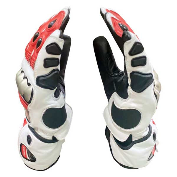 Ducati Corse style hard knuckle leather motorcycle gloves in red white and black colorway by Jackets Kingdom