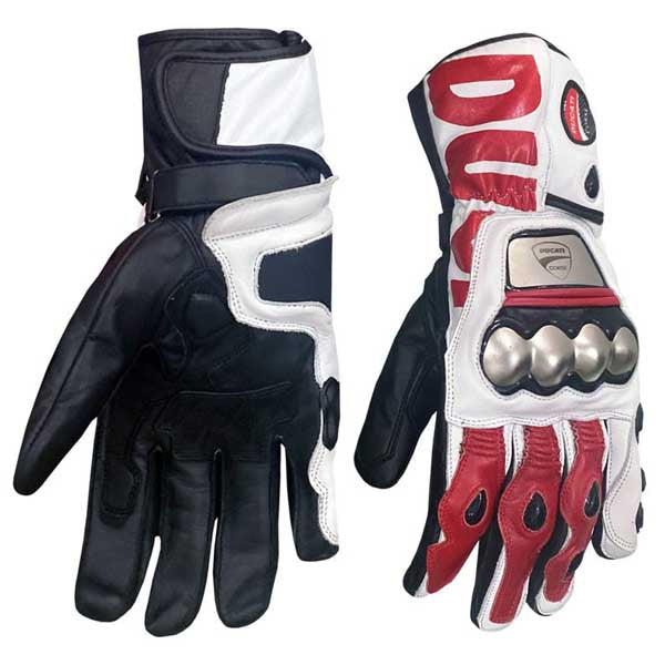 Ducati Corse style hard knuckle leather motorcycle gloves in red white and black colorway by Jackets Kingdom