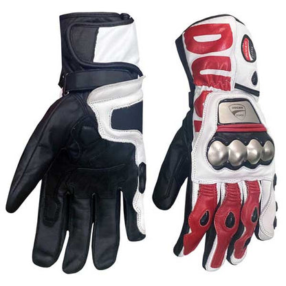 Ducati Corse style hard knuckle leather motorcycle gloves in red white and black colorway by Jackets Kingdom