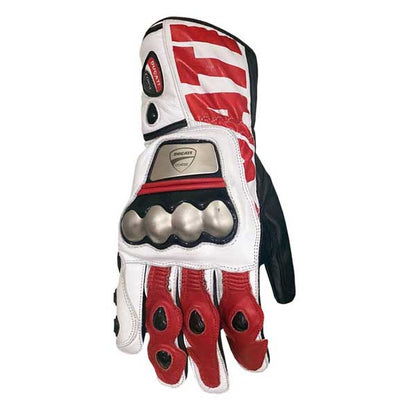 Ducati Corse style hard knuckle leather motorcycle gloves in red white and black colorway by Jackets Kingdom