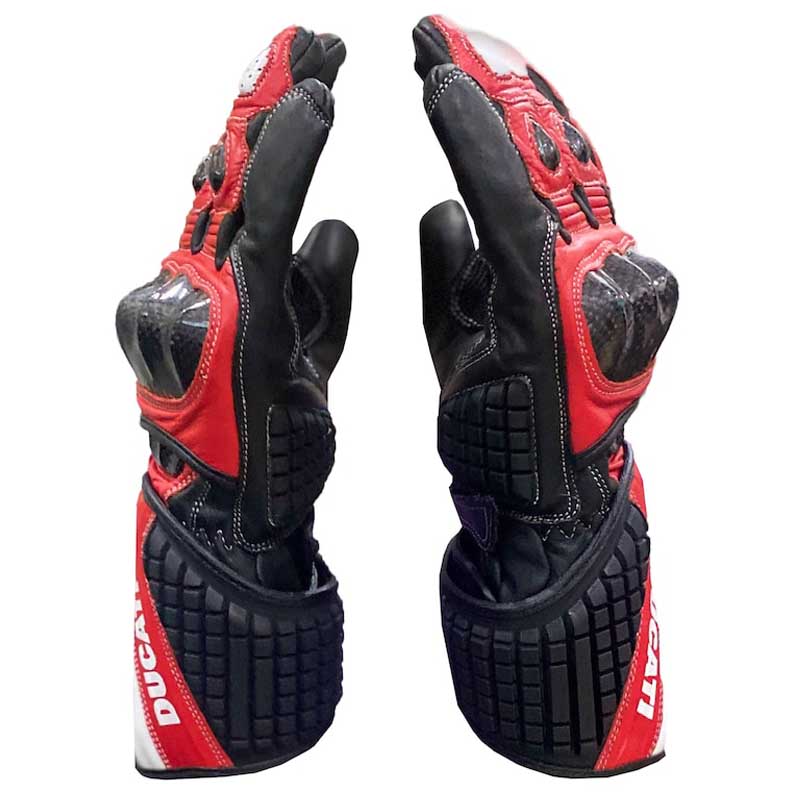 Ducati MotoGP leather racing gloves with carbon fiber knuckle protection by Jackets Kingdom