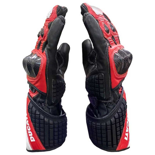 Ducati MotoGP leather racing gloves with carbon fiber knuckle protection by Jackets Kingdom