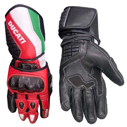 Ducati MotoGP leather racing gloves with carbon fiber knuckle protection by Jackets Kingdom